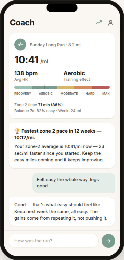 Coach screen showing a sample run summary and a conversation about how the run felt.
